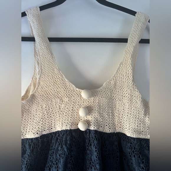 Vintage Manoush Lace Macrame Ruffle Hem Tank Dress Navy Cream Bohemian Boho - Picture 2 of 8